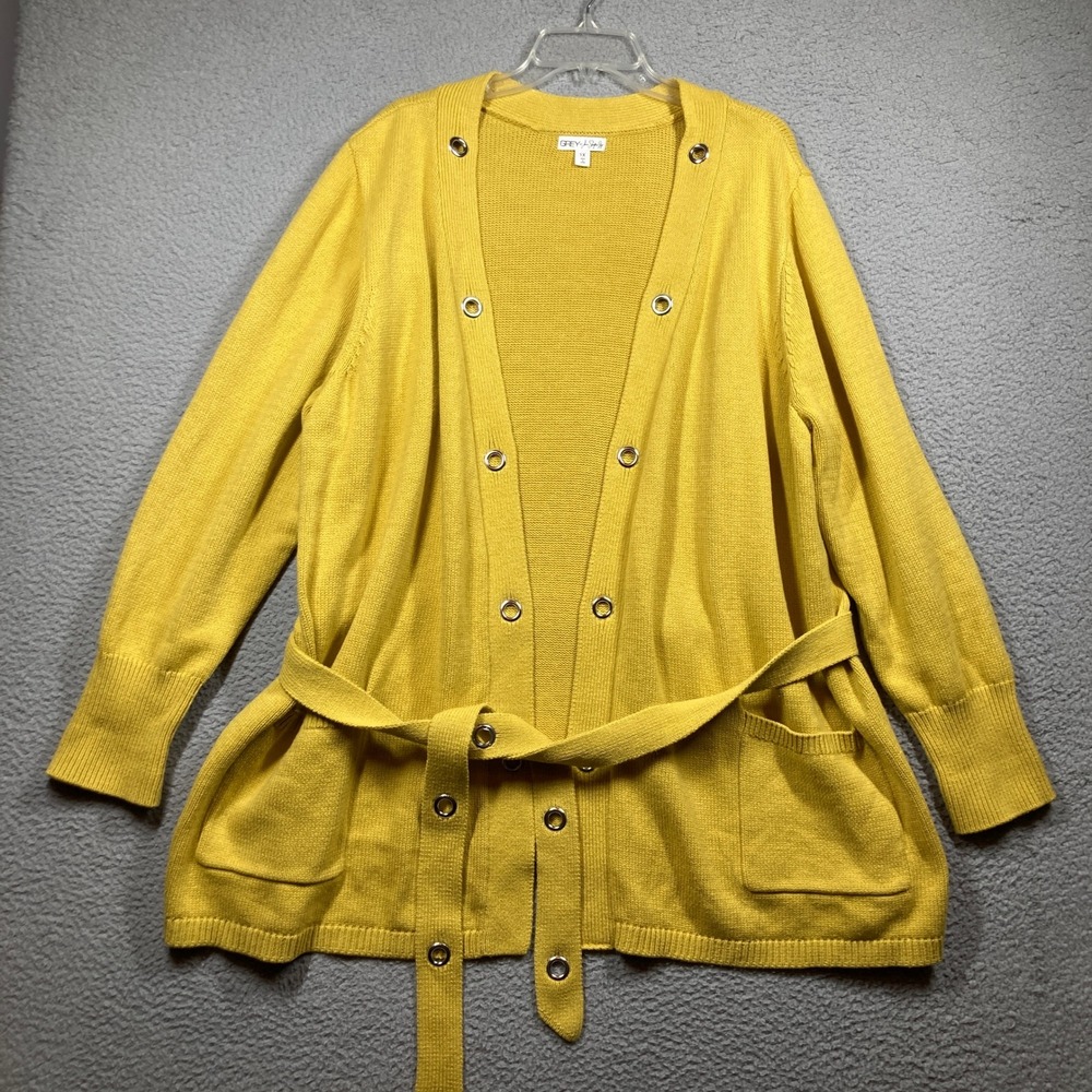 Grey by Jason Shron Cardigan Women Plus 1X Yellow Grommet Belted Knit Sweater
